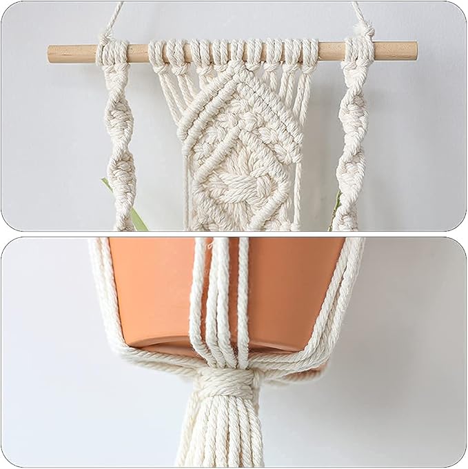Boho Macrame Plant Hangers - Handmade Hemp Rope Hanging Baskets for Plants with Ceiling Hooks, Bohemian Home Decor