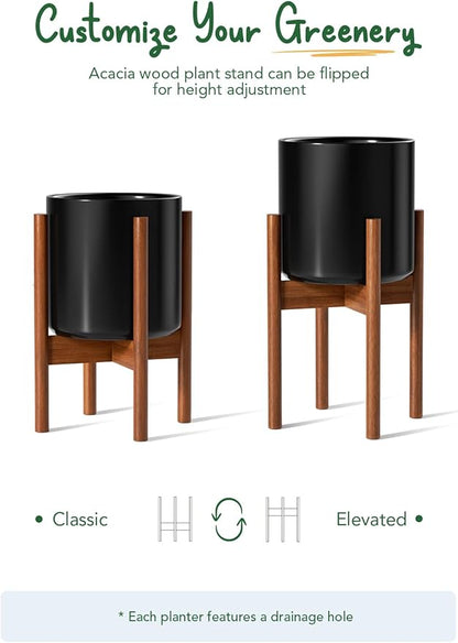 LE TAUCI 10 Inch Planter with Acacia Wood Stand, Ceramic Planter for Indoor Plants with Plant Holder, Mid-Century Modern Home Decor, Round Flower Pots with Drainage Hole, Black