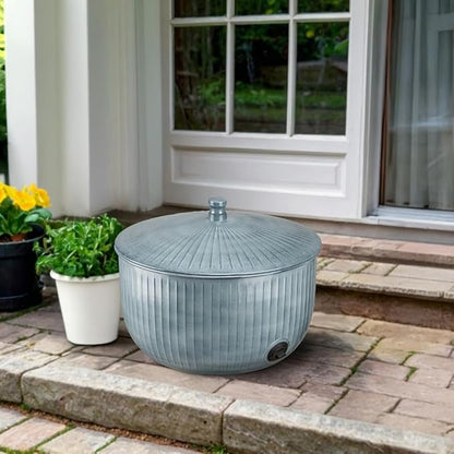 Monarch Abode Garden Hose Holder with Lid – Decorative Water Hose Holders for Outside, Ridge Embossed Metal Patina Pot with Drainage, 100ft Waterhose Holder for Outside, Garden Storage Caddy