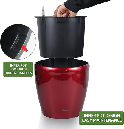 Dexceder 11x10 Inches High Gloss Self Watering Planter Indoor Outdoor, Inner Pot Design, Thickened Table Flower Plant Pot with Water Level Indicator (Red)