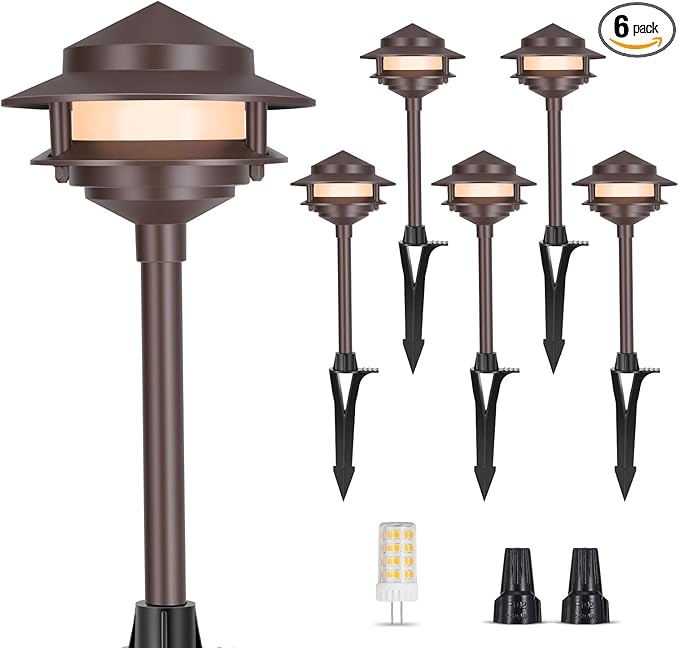 Gardencoin Pagoda Low Voltage Landscape Pathway Lights, 12V Outdoor LED Path Lights Wired, Aluminum Walkway Lighting with 4W 2700K Replaceable G4 Bulb, Bronze Classic 2-Tier Lantern, 6 Pack