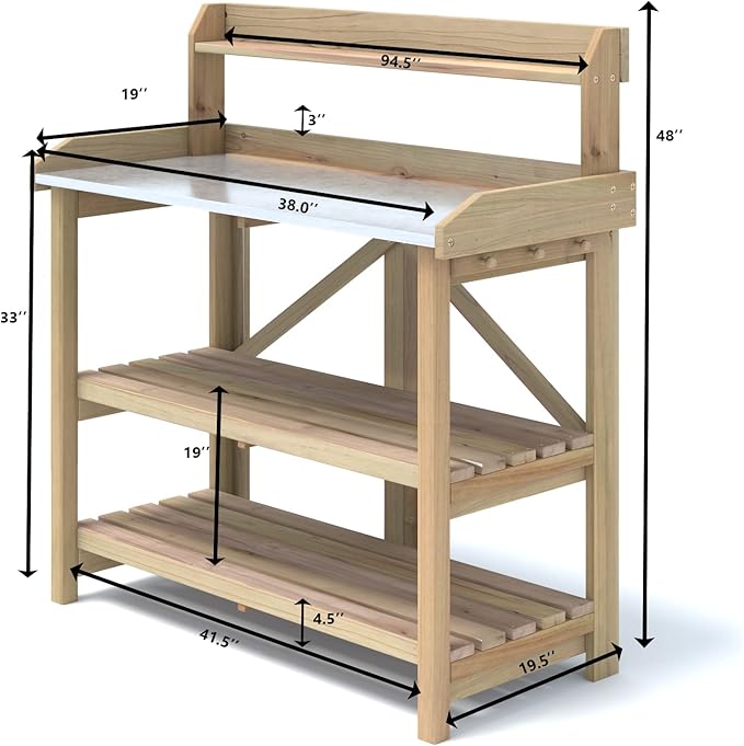S AFSTAR Garden Potting Bench, Gardening Work Station Table with 2 Storage Shelves, Fir Wood Structure & Metal Tabletop, Garden Table Potting Benches for Outside, Backyard & Balcony