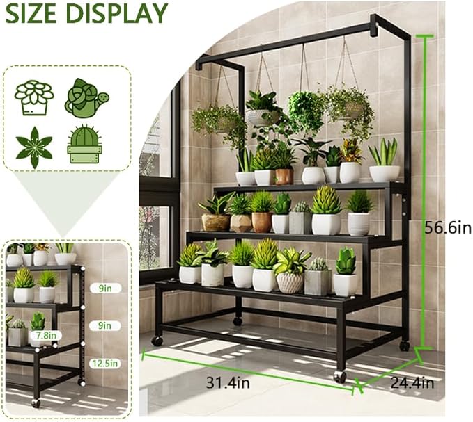 3 Tier Large Metal Plant Stand, with Hanging Tall Plant pot shelf, with Rollers Heavy Duty Plant Holder, for Home/Garden/living room/balcony (BLACK, 31.5IN)