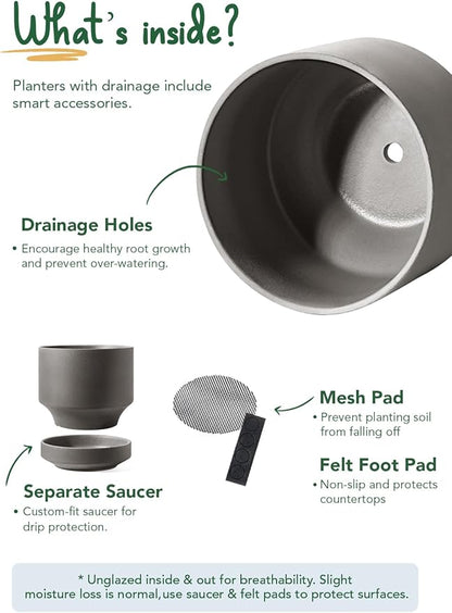 LE TAUCI 14 Inch Large Plant Pot with Saucer, Ceramic Outdoor & Indoor Big Planter with Drainage Hole, Mesh Pad & Plug Included, Unglazed Porous, Modern for Home and Patio, Charcoal Gray