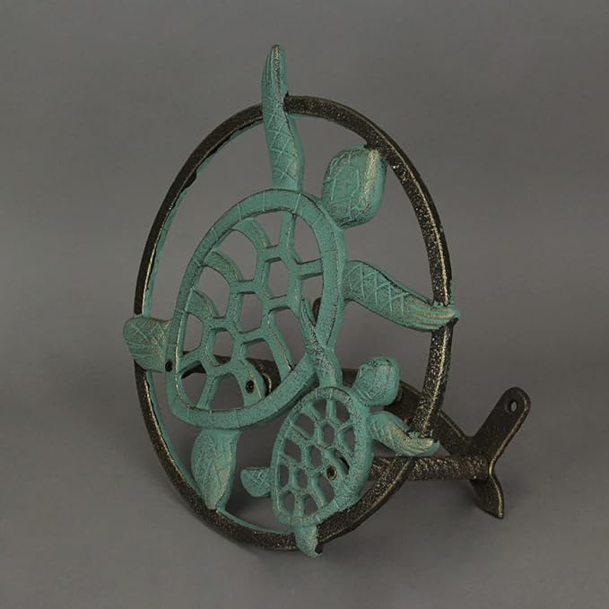 Verdigris Bronze Finish Cast Iron Sea Turtle Decorative Wall Mounted Hanging Garden Hose Hanger - 12 Inches Diameter - Ocean-Inspired Hose Holder Décor