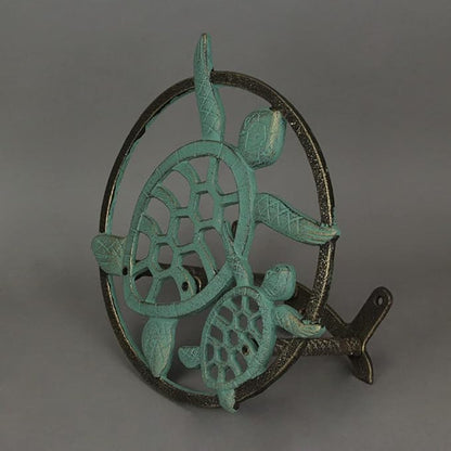 Verdigris Bronze Finish Cast Iron Sea Turtle Decorative Wall Mounted Hanging Garden Hose Hanger - 12 Inches Diameter - Ocean-Inspired Hose Holder Décor