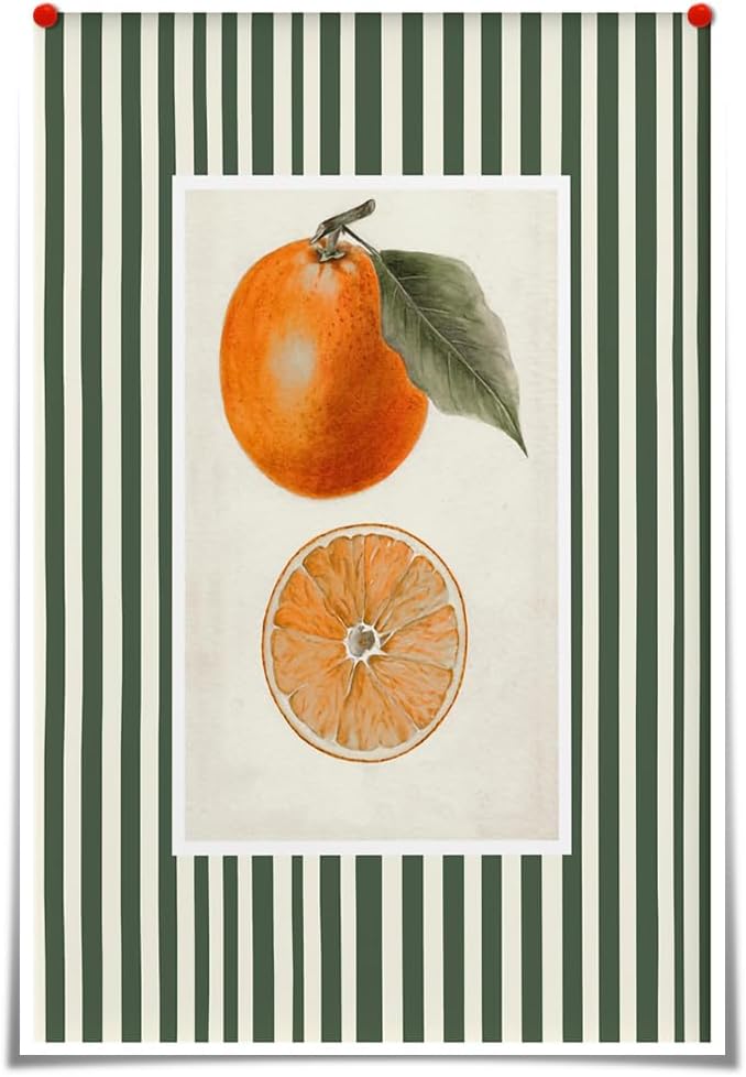 Vintage Green Striped Orange Fruit Canvas Wall Art Modern Farmhouse Botanical Kitchen Food Prints Posters Minimalist Colorful Aesthetic Pictures Boho Decor for Bedroom Restaurant 24x36inch Unframed