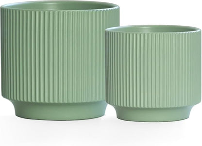 Ceramic 4.9+6.3 inch Planters, Modern Home and Office Flowerpot, Indoor and Outdoor Flowerpot with Drainage Hole (Green)