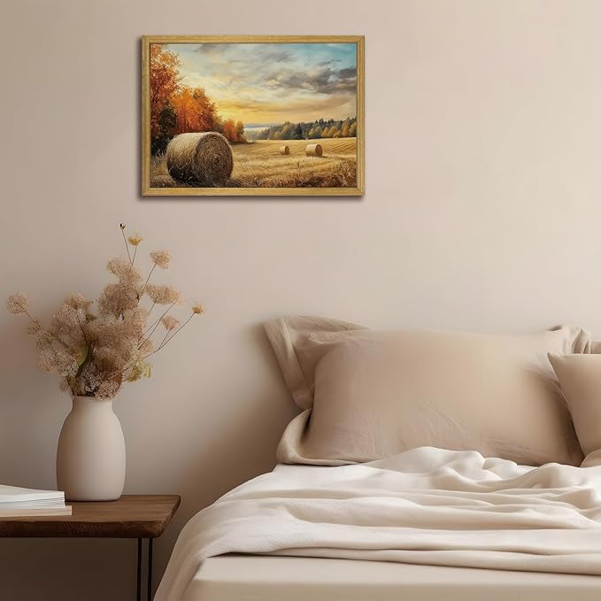 Wood Framed Vintage Canvas Wall Art, Autumn Countryside Nature Scene Prints 16x24 Inch, Farmhouse Wall Decor Poster Picture for Living Room Bedroom Bathroom Home Decor