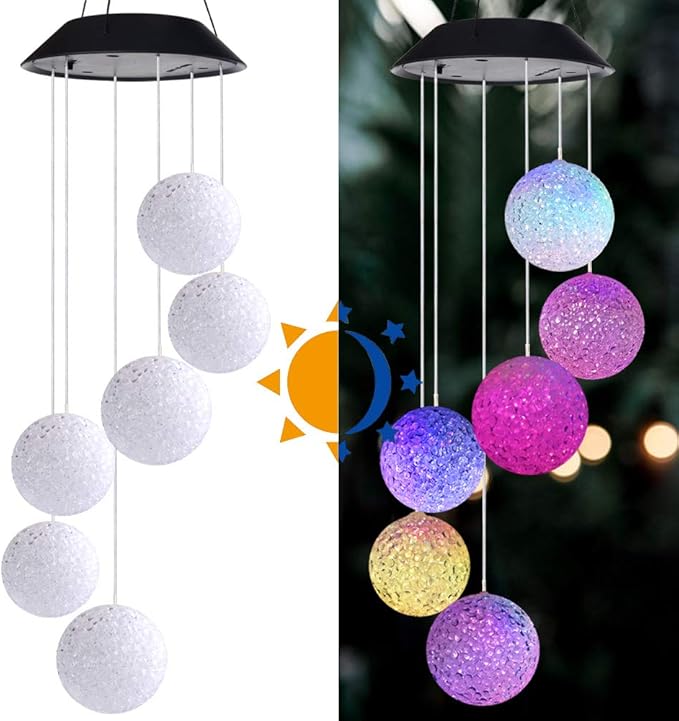 Solar Wind Chime Outside Color Changing Ball Wind Chimes, LED Mobile Solar Lamp for Mom Grandma Waterproof Outdoor Lights for Garden Patio Party Yard Window Decorations