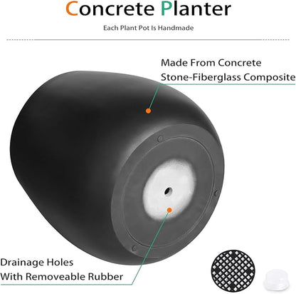 Oval Concrete Planters for Outdoor Plants, Large Tall Cement Flower Pots Indoor for Garden, Front Porch, Patio (Black)