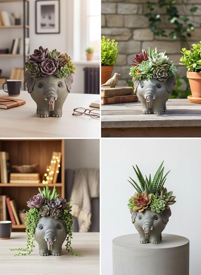 Elephant Planter Pot for Succulents, 6.7inch Resin Flower Pot with Drain Hole, Cute Animal Decor, Unique Gift for Christmas, Birthday, Mom, Housewarming (Brown)