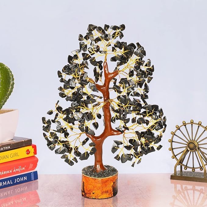WC Black Tourmaline Chakra Tree of Life - Crystal Tree for Positive Energy, Handmade Gemstone Tree Good Luck Balck Healing Crystals for Sacral Chakra, Prosperity Gift Feng Shui Decor (300 Beads)
