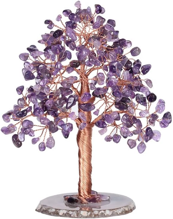 Natural Healing Crystal Tree of Prosperity Wire Wrapped on Agate Base Handmade Money Tree Bonsai Home Office Decoration for Good Luck, Amethyst