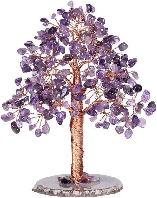 Natural Healing Crystal Tree of Prosperity Wire Wrapped on Agate Base Handmade Money Tree Bonsai Home Office Decoration for Good Luck, Amethyst