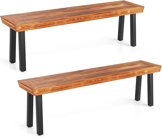 COSTWAY Set of 2 Outdoor Acacia Wood Benches, 2-3 People Backless Garden Benches with Metal Frame for Patio, Deck, Yard and Entryway