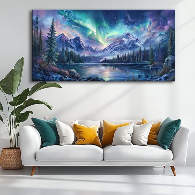 IDAFU Aurora Borealis Canvas Wall Art Northern Lights Wall Printing Farmhouse Abstract Snow Mountain Tree Forest Scenery Canvas Nature Landscape Artwork For office Home Décor Ready to Hang 48L x 24W