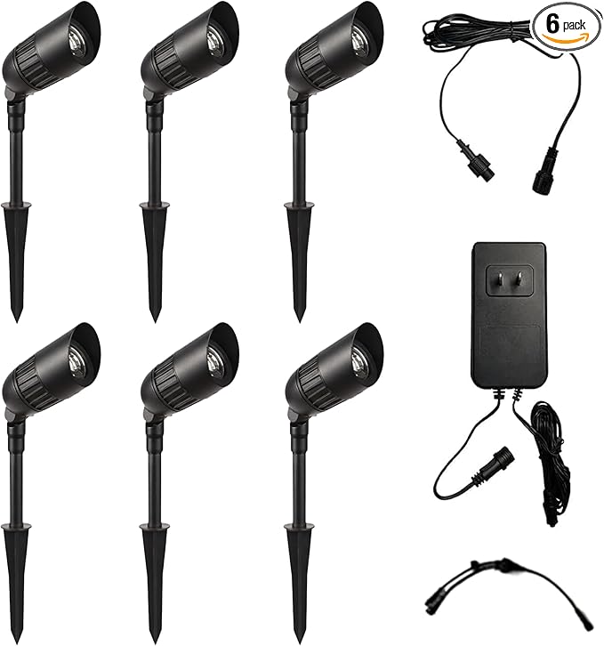 6-Pack Outdoor Low Voltage Landscape Spotlights, 6×3W 200LM, 3000K Warm White, Dusk to Dawn, IP65 Waterproof Path Lights with Transformer, 60FT Cable & Ground Stakes
