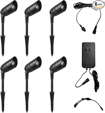 6-Pack Outdoor Low Voltage Landscape Spotlights, 6×3W 200LM, 3000K Warm White, Dusk to Dawn, IP65 Waterproof Path Lights with Transformer, 60FT Cable & Ground Stakes