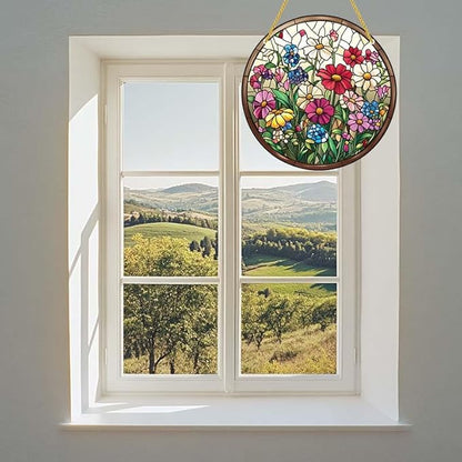 Acrylic Stained Window Hanging Flowers Acrylic Decoration for Indoor Outdoor Home Bar Office Garden Plastic Ornament Decor 8x8 Inch