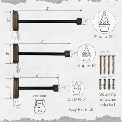 EvenWood 2-Piece Set of Wooden Plant Hooks for Wall with Sturdy Metal Tube - Plant Wall Hanger for Pots, Flower Brackets - Bracket Plant Hanger for Indoor and Outdoor Decorations (Walnut, 8 Inch)