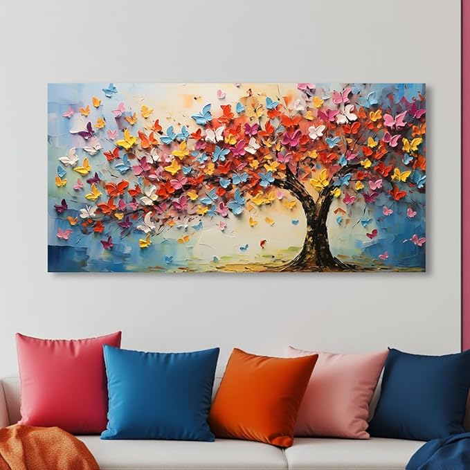 Butterfly Tree Canvas Wall Art Colorful Tree of Life Canvas Oil Painting Prints for Living Room Office Abstract Butterfly Tree Wall Décor Artwork Family Bedroom Farmhouse Décor,Ready to Hang (24x48 Inches)