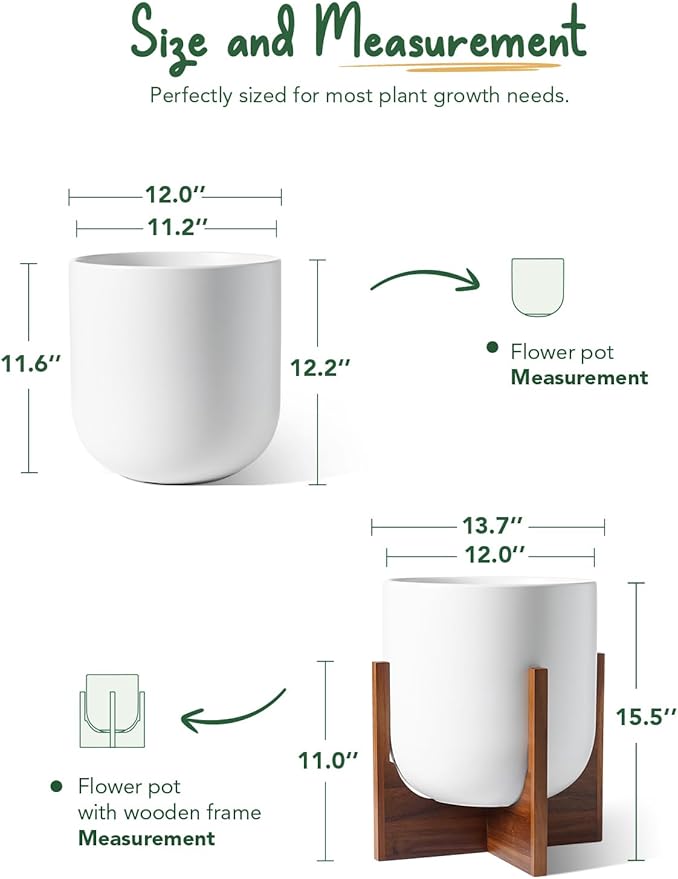 LE TAUCI 12 Inch Pots for Plants with Acacia Wood Stand, Ceramic Large Planters for Indoor Plants, Indoor Planters for Office Living Room, Cylinder Pots with Drainage Hole and Plug, White