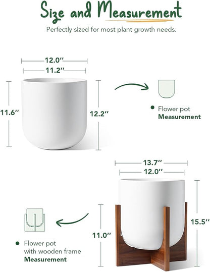 LE TAUCI 12 Inch Pots for Plants with Acacia Wood Stand, Ceramic Large Planters for Indoor Plants, Indoor Planters for Office Living Room, Cylinder Pots with Drainage Hole and Plug, White