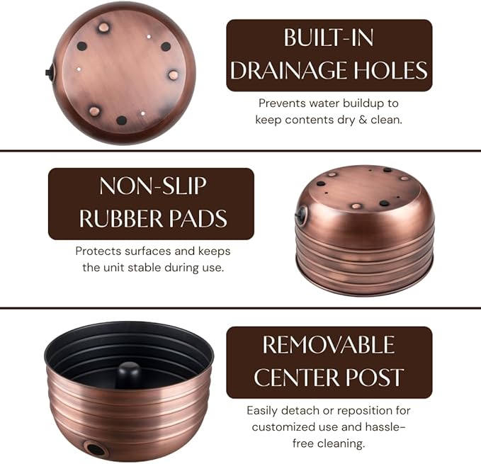 Monarch Abode Garden Hose Holder with Lid – Decorative Water Hose Holders for Outside, Border Embossed Metal Antique Copper Pot with Drainage, 100ft Waterhose Holder for Outside, Garden Storage Caddy