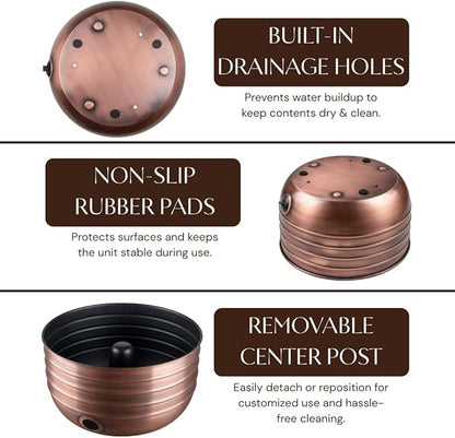 Monarch Abode Garden Hose Holder with Lid – Decorative Water Hose Holders for Outside, Border Embossed Metal Antique Copper Pot with Drainage, 100ft Waterhose Holder for Outside, Garden Storage Caddy