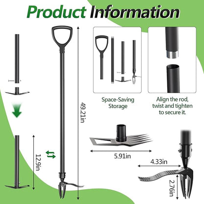 Weed Puller Tool, 2-in-1 Stand Up Heavy Duty Root Removal Tool with 4 Claw Head & Rake, Effortless Root Puller for Dandelion & Weeds, No Bending or Kneeling, Garden Tool for Lawn & Yard Care