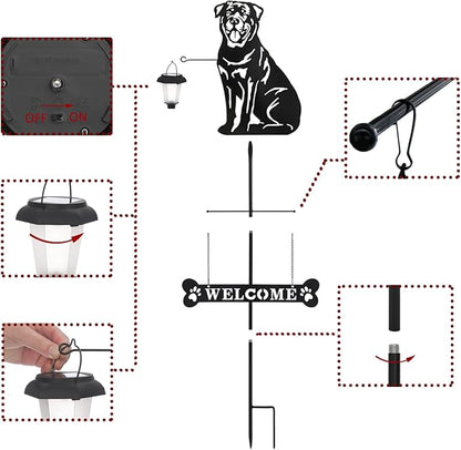 BAYN Solar Rottweiler Silhouette Dog Breed Welcome Sign with a Lantern Outdoor Decorative Garden Stakes for Yard, Lawn, Patio, Pathway
