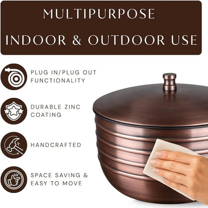 Monarch Abode Garden Hose Holder with Lid – Decorative Water Hose Holders for Outside, Border Embossed Metal Antique Copper Pot with Drainage, 100ft Waterhose Holder for Outside, Garden Storage Caddy