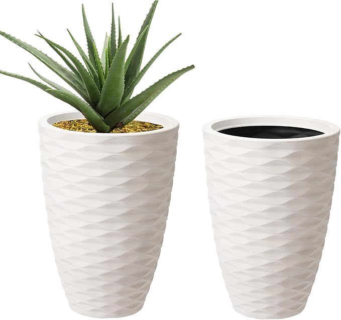 Glitzhome 19" H Large Planters for Outdoor Plants, Set of 2 Large Flower Pots with Drainage Holes, Round Faux Ceramic Wave Textured, White Tall Planters for Porch Garden Indoor Outdoor Use