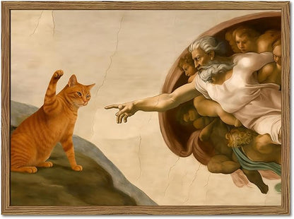 Funny Creation of Adam and Cat Wall Art, Whimsical Cat and God Wall Decor Painting Quirky Michelangelo and Animal Poster Canvas Print for Bedroom Living Room 12x16 inch Wood Framed