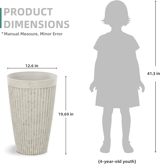 20" Resin Tall Planters for Outdoor Plants,Set of 2 Vintage Ivory Large Flower Pots with Handmade Fluted Texture,Heavy-Duty and Weather-Resistant for Porch Christmas Decor,Garden, Patio