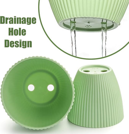 BTPLASTIK Multi-Size Planters - 7.5/6.5/5.5/4.9/4.2/3.5 Inches Plant Pots with Drainage Holes and Saucers, Plastic Flower Pots for Indoor Outdoor Plants (Green)