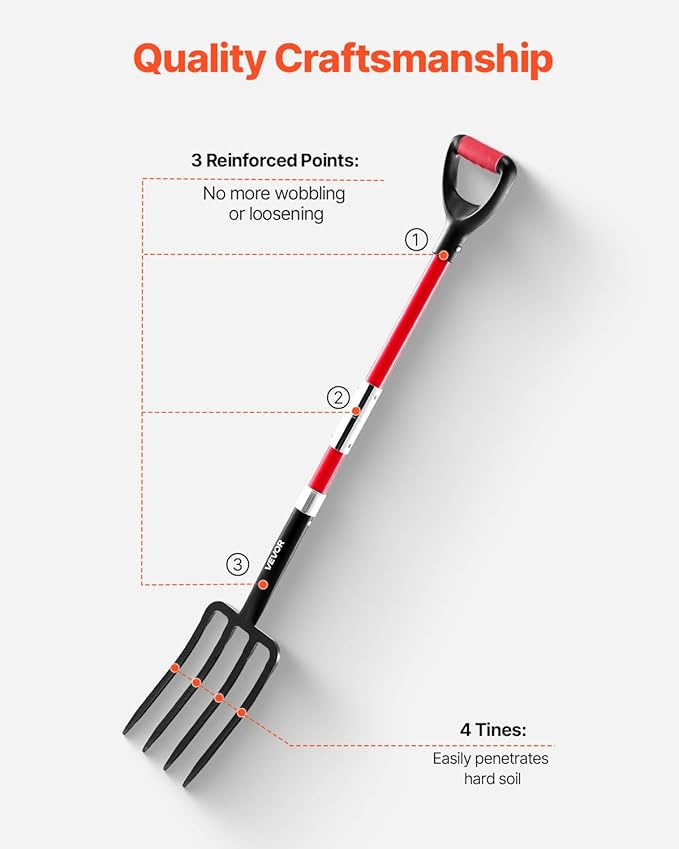 VEVOR Garden Fork, 4-Tine Gardening Pitchfork with Fiberglass Handle, 45 in Heavy Duty Digging Fork with Y Grip, Forged Steel Spading Fork for Hay Potato Composting Transplanting Aeration