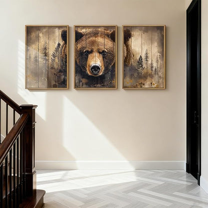 ANHUIB Brown Bear Wall Art 16x24 Inch Forest Paintings Rustic Wildlife Wall Decor Set of 3 for Living Room Bedroom Dining Room