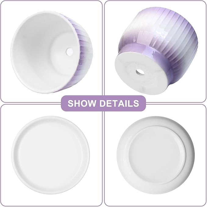 6.7 + 5.5 Inch Ceramic Plant Pots,Planters with Drainage and Saucer,Indoor Pots for Plants,Decorative Orchid Pots Set of 2（Purple + White）