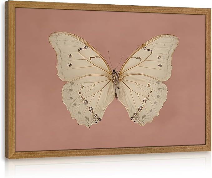 CAZLOUC Vintage Butterfly Canvas Wall Art, Pink Bathroom Wall Decor, Classic White Butterfly Aesthetic Picture, Retro Nature Insect Poster Print for Bedroom Living Room Wood Framed 16x24 Inch