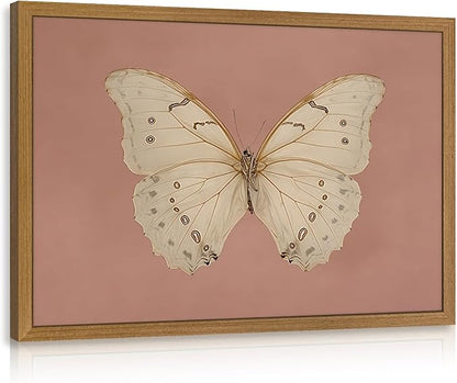 CAZLOUC Vintage Butterfly Canvas Wall Art, Pink Bathroom Wall Decor, Classic White Butterfly Aesthetic Picture, Retro Nature Insect Poster Print for Bedroom Living Room Wood Framed 16x24 Inch
