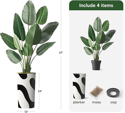Artificial Tree in Contemporary Block Pattern Planter, Fake Bird of Paradise Silk Trees for Indoor and Outdoor Home Decoration - 67" Overall Tall (Plant Pot Plus Tree)