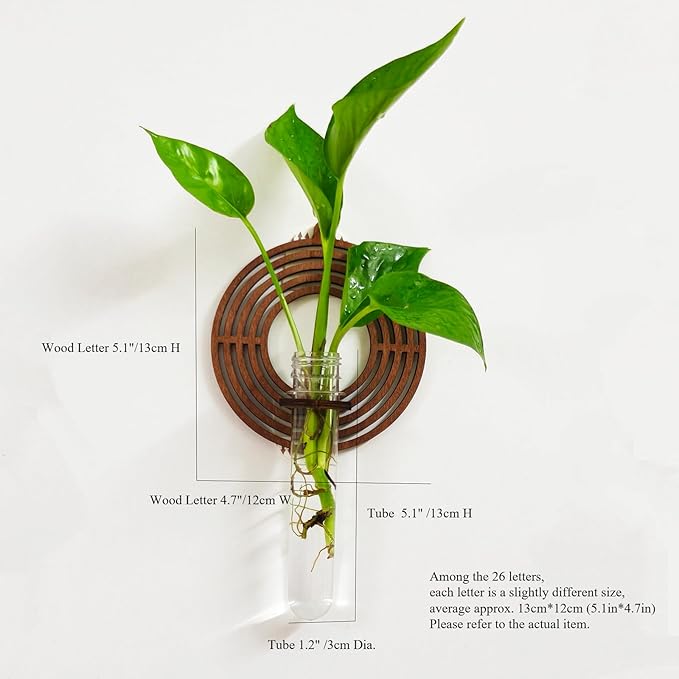 Wood Letter Wall Planter Terrariums Propagation Station with Test Tube Clear Flower Vase for Hydroponics Custom Vertical Garden Walnut DIY Home Decor Hanging Plant Holder Alphabet