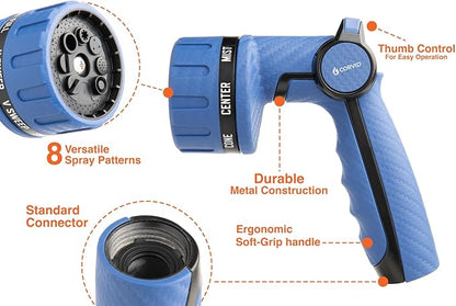 3-Pack Corvid Heavy Duty 8-Pattern Garden Hose Nozzle with Thumb Control, Adjustable High-Pressure Watering Spray Nozzle with Ergonomic Handle - Perfect for Lawn & Garden, Car Wash, Pet Cleaning