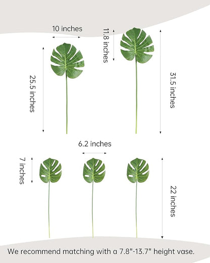 5pcs Artificial Monstera Leaves with Long Stem for Vase - Fake Tropical Plants Palm Leaves Realistic Turtle Leaves for Birthday Party Wedding Room Decor