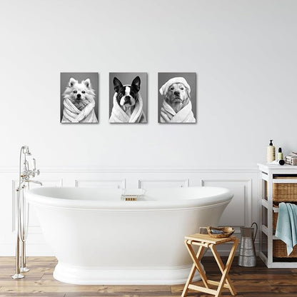 AoArtWZ Black and White Dogs Canvas Wall Art Funny Animal Chihuahua Labrador in Bathrobe Painting Picture Artwork Prints for Home Bathroom Decor Framed 12"x16"x3 Pcs
