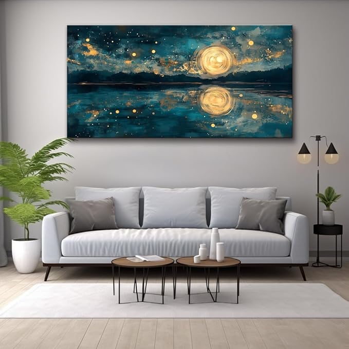 Moon Sea Ocean and Stars Canvas Wall Art -Moonrise at Sea Night Landscape Scene Printing, Blue & Gold Abstract Nature Artwork for Living Room, Bedroom & Coastal Home Décor, Ready to Hang 60L" x 30W"