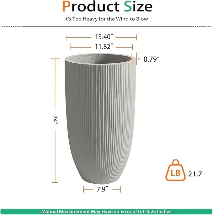 Tall Planters for Outdoor Plants, Large Concrete Flower Pots for Garden Front Porch, Patio, Indoor (Vertical Gray, 24 inch)