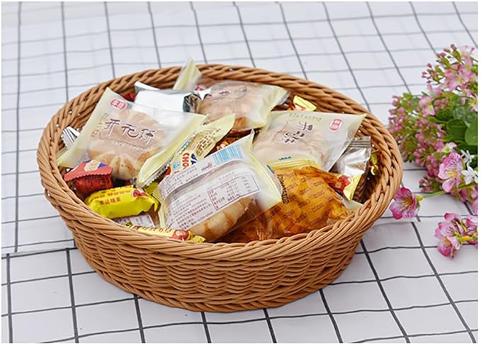 RT&BS Round Wicker Bread Basket, Christmas Food Baskets, Eco-Friendly Sturdy Stackable Fruit Basket for Kitchen, Store, Restaurant, Party (Brown, L)